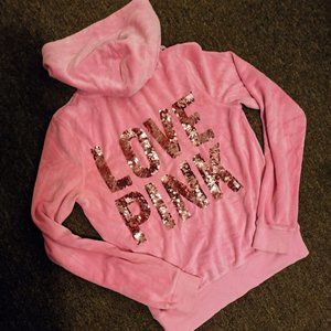 2011 Vintage Rare VS PINK Velour Full Zip Sequin Hoodie Bubblegum Pink M…